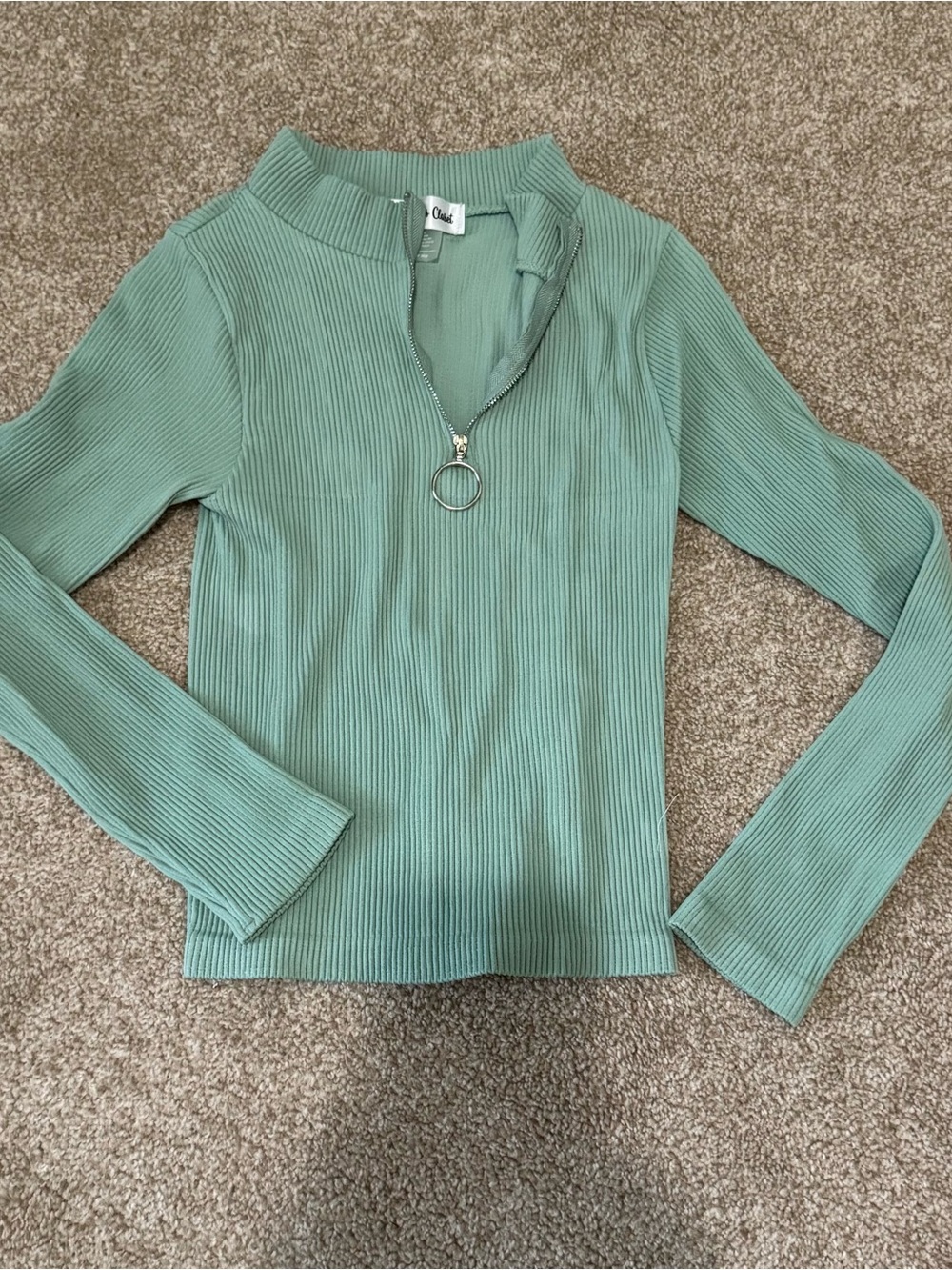 Ribbed Long-Sleeve Zip Top in Sage Green